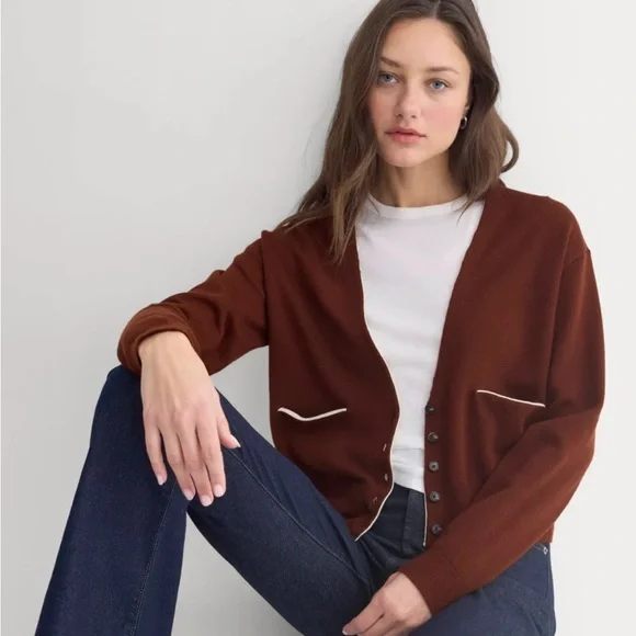 Everlane Brown V-Neck Cardigan with Contrast Trim - Picture 2 of 11